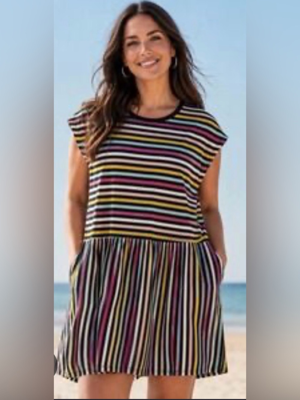 Boden Rainbow Stripe Short-Sleeve Drop-Waist with Pockets Stretchy Dress Size 6